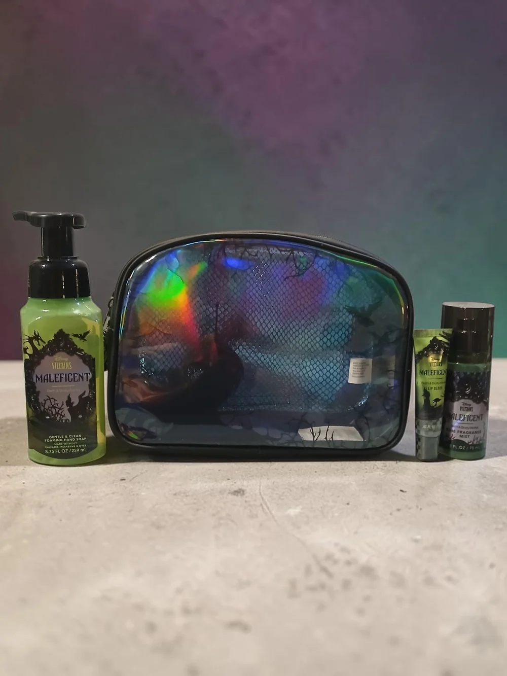 Malficient Bag, Hand Soap, Lip Gloss And Fragrance Spray
